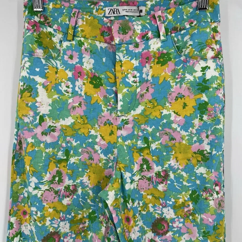Zara Women's Size 2 Floral Linen Blend Mini Flare Trouser Pants Cropped NWT‎